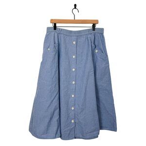 VTG 90's Denim Midi Button Elastic Waist Chambray A-Line Coastal Granny Skirt